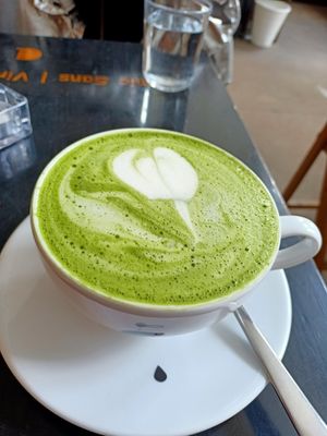 Matcha latte with oat or peas milk at Drukarnia in Gdansk