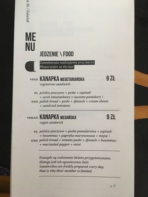 Part of menu at Drukarnia in Gdansk