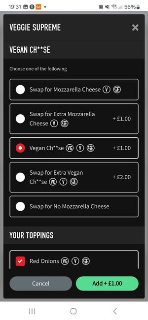 Swap in vegan cheese via qr ordering at Pizza Hut in Dudley