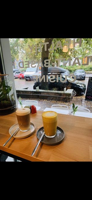 Tumeric Soy Latte and something else my sister got.. at Yummy Mummy Vegan Bistro in Berlin