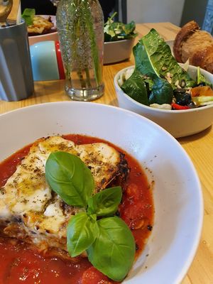 Vegetable lasagne and side salad at Yummy Mummy Vegan Bistro in Berlin