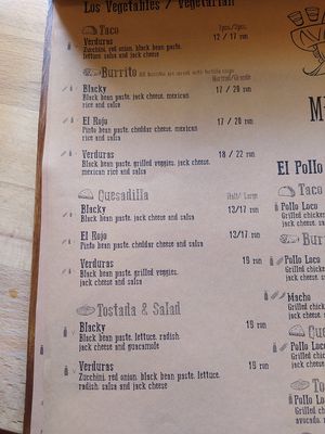 Vegetarian menu at Taqueria Mexicana in Brasov