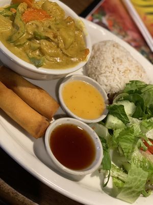 Yellow curry with steamed rice, salad and spring rolls at Thai Vegan in Greer