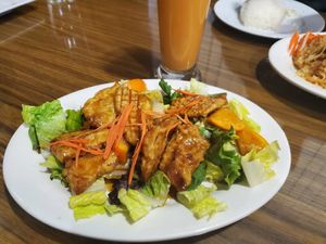Orange soy chicken and Thai Tea at Thai Vegan in Greer