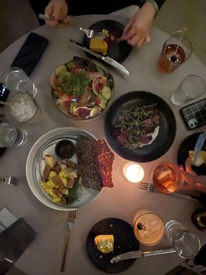 Cashew burrata, drinks and salad   at Public Records in Brooklyn