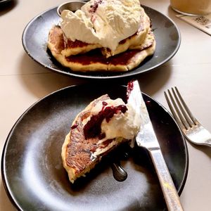 Vegan Hot Cakes w/ Blackberry Cardamom Compote and Cream  at Public Records in Brooklyn