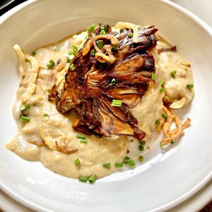 Vegan Biscuit and Gravy with Roasted Maitake Mushroom  at Public Records in Brooklyn