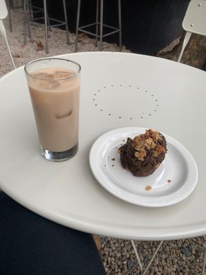 Chai oat iced latte. GF buckwheat cinnamon apple oat muffin!  at Public Records in Brooklyn