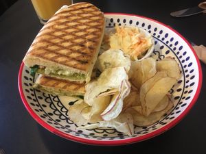 Pesto, tomato and mozzarella panini  at Vegan Deva in Chester