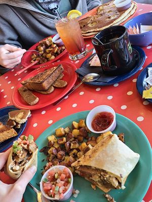 Vegan breakfast burrito, beyond sausage and vegan banana pancakes at The Friendly Toast in Bedford