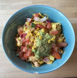Huevos Rancheros Bowl- tofu scramble, brown rice, black beans, vegan chorizo, pico de gallo, avocado mash, vegan queso, and vegan chipotle mayo  at Rethink in Altamonte Springs
