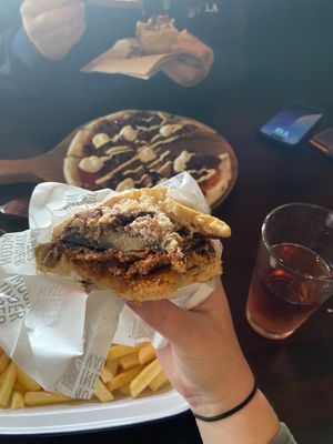 Mushroom burger (way better than it looks in this pic), fries and pizza  #Veganuary at Moon Under Water in Christchurch