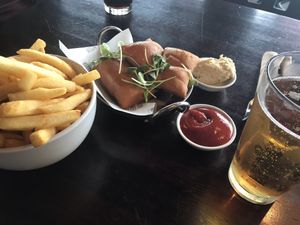 Fries, fried bread and almond ricotta (vegan)  at Moon Under Water in Christchurch