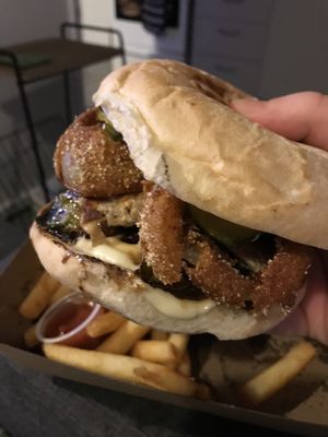 Fries and tofu burger (the Brussel sprouts in it are so good) at Moon Under Water in Christchurch