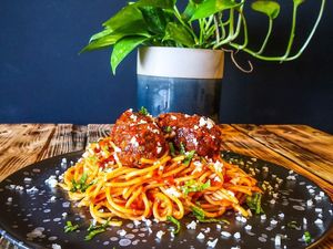 Spaghetti Bolognese with Beyond Meat meatballs 🍝 at Vegan Junkie in Phuket