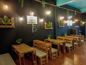 Inside Vegan Junkie. The furniture is handmade from recycled pallet wood! at Vegan Junkie in Phuket