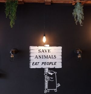 Funny message 😄 which I will partly agree with. at Vegan Junkie in Phuket