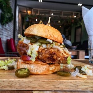 Chick'n burger! With spicy mayo at Vegan Junkie in Phuket