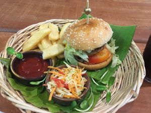 Oink-Free Burger with reg chips at Vegan Junkie in Phuket