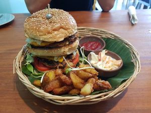 Double meat burger at Vegan Junkie in Phuket