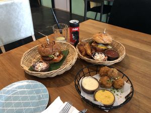 Beyond burger, Jalapeños cheese ball and Wake n’ Bacon burger  at Vegan Junkie in Phuket