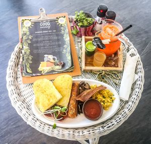 Full English Big brekkie with Beyond Sausage, and morning drinks trio with wheatgrass shot, aplle cider vinegar, and fresh vegetable juice at Vegan Junkie in Phuket