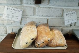 Olive ciabatta bread at For Four Bread 포포브레드 in Seoul