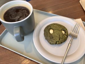 Cafe americano, and green tea cookie  at For Four Bread 포포브레드 in Seoul