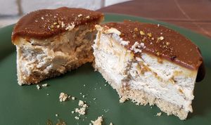 Gluten-free vegan cheesecake (based on cashew nuts) topped with soy caramel sauce and sprinkles of salt (포포치즈케익) at For Four Bread 포포브레드 in Seoul