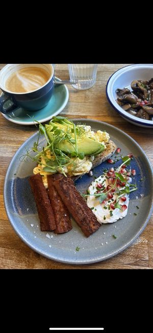 Pictured is eggs, but as written in the review, tofu was available!   at HBW Coffee in Stirling