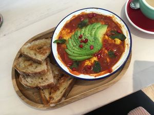 Menemen with avocado  at HBW Coffee in Stirling