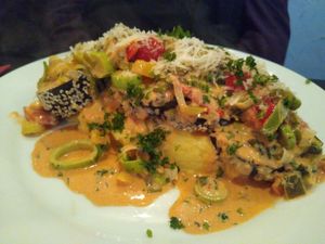 Aubergine 'schnitzel' on masked potato (vegetarian) at Zum Kühlen Grund in Freinsheim