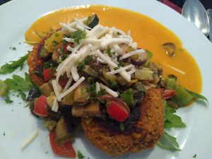 Vegan grain patties on vegetables with vegan cheese at Zum Kühlen Grund in Freinsheim