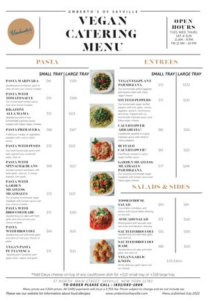 Vegan Catering Menu July 2022 at Umberto's in Sayville
