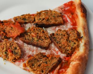 Vegan Garden Meatballs on a Vegan Pizza Slice at Umberto's in Sayville