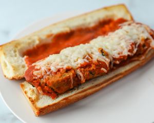 Homemade Vegan Garden Meatball "Parm" Hero with Daiya cheese at Umberto's in Sayville