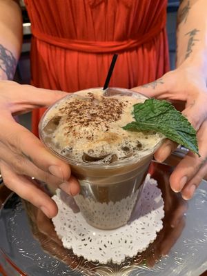 The Jagadisha drink (named after a Yogi beside the cafe) Its like an oat mocha latte with raw cacao powder at Good Plans Cafe in Montclair