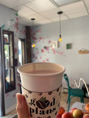 Pink Pomegranate Blush Latte with Oat Milk at Good Plans Cafe in Montclair
