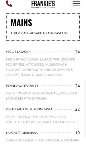 Entrees at Frankie's in Lenox