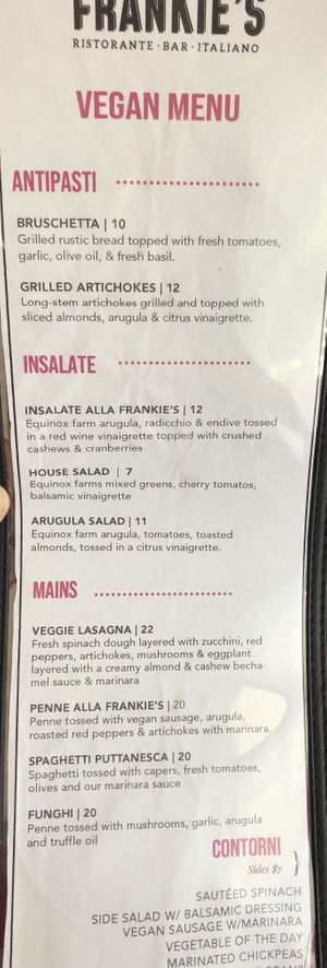 vegan menu  at Frankie's in Lenox