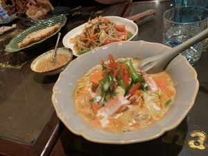 Delicious vegan red curry & roti with peanut paste. Papaya salad is not vegan (contains fish sauce)   at @Thai in Queenstown