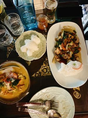 Basil and chili chicken- sub tofu and yellow curry with tofu.  at @Thai in Queenstown