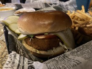 Comes with two chicken patties but I took one off cause I like smaller bites, but so delicious. Cute place, fun games  at Tamiami Tap in Sarasota