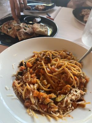 Linguine and flatbread in background   at Casati's in Chicago