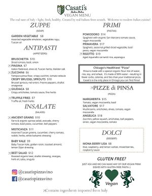 Vegan menu  at Casati's in Chicago