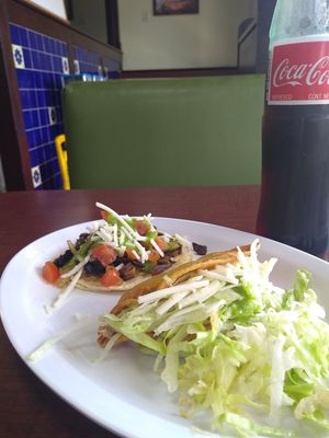 Mushroom taco and potato taco, lettuce garnish at The Taco Man Mexican Grill in Azusa