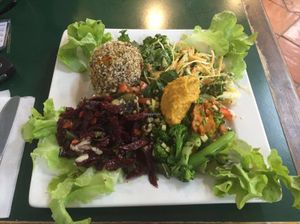 Rice ball with a variety of salads - all vegan and tasty!  at Snoogies Health Bar in Cairns