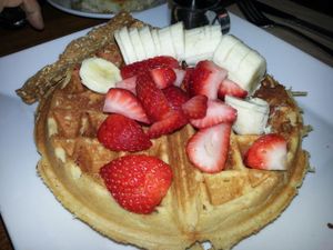 waffle platter at Real Food Daily in Santa Monica