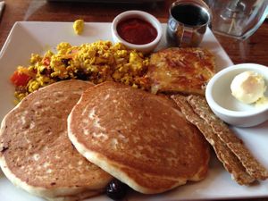 The Weekender: pancakes (I added blueberries), tempeh bacon, scrambled tofu, hash browns at Real Food Daily in Santa Monica