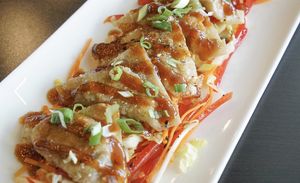 Gyoza 😋
Dumplings stuffed with cabbage, carrots, red peppers, shiitake mushrooms, scallions, ginger; ponzu glaze, napa slaw (V)
 at Cafe Coeur in Creve Coeur